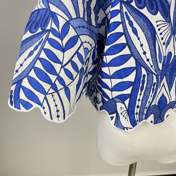 NWOT Farm Rio Linen Lace Nature Short-Sleeve Crop Wavy Blouse Size M Blue - Picture 7 of 11